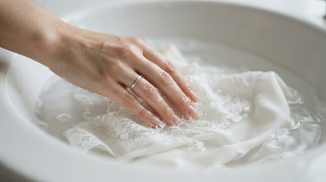 Woman hand washing delicate white lace lingerie in a basin with soapy water, handwash garment concept