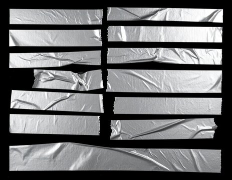 realistic torn masking tape strips with wrinkled silver plastic textures and adhesive edge isolated on black background