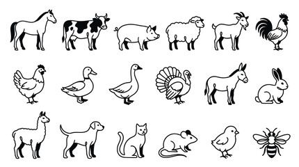Naklejka premium Farm and Domestic Animals Black Line Art Icons Set - Agriculture and Pets Vector Collection