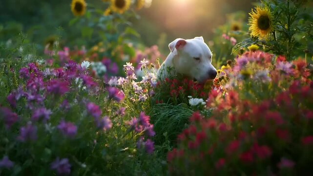 Summer hot vibe lifestyle. A vivid portrayal of a white dog in a field of wildflowers bathed in the warm glow of the setting sun. The dog is in the center of the image.