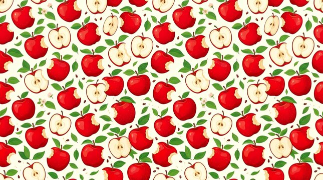 Continuous Pattern of Half Eaten Fresh Red Apples Healthy Summer Fruit SeamlessPrint bitten apples seamless pattern fruit summer background juicy fresh red apple texture packaging textile
