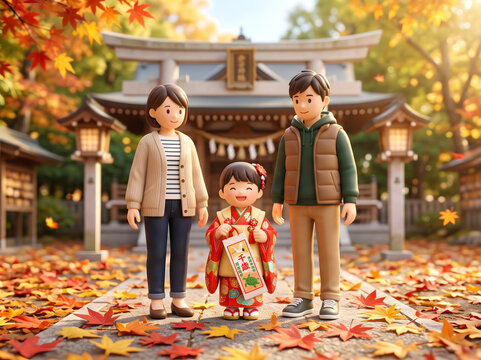 千歳飴を持って笑顔を見せる着物姿の子供と温かく見守る両親の七五三イラスト
