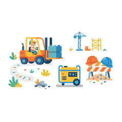 Naklejka premium Whimsical vector illustration of a young boy operating a forklift at a construction site with a crane, generator, and safety equipment included.