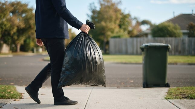 Young adult male walking down residential sidewalk carrying a black garbage bag toward a green bin
