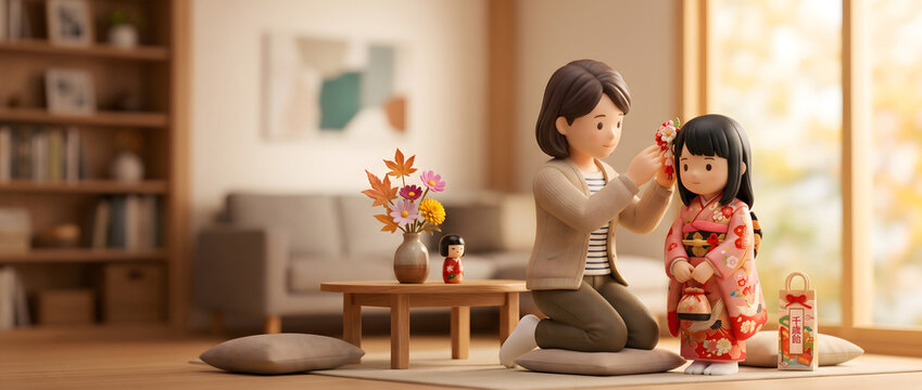 お出かけ前に家で母親に着物の髪飾りをつけてもらう女の子の七五三準備イラスト

