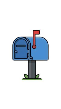 Minimalist flat design vector illustration of a blue mailbox with a red flag up, isolated on white background for communication and mail delivery concepts.