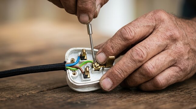Close-up of an elderly man wiring a UK electrical power plug with a screwdriver for DIY home repair