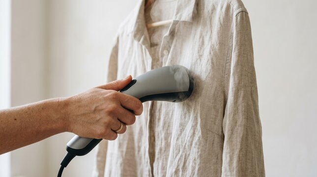 Woman using a modern handheld garment steamer on a linen shirt at home to remove wrinkles and smooth fabric