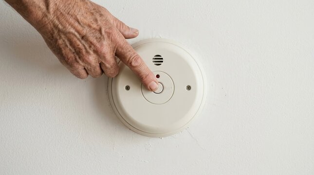 Elderly man testing smoke detector on white wall with finger pressing alarm button concept for home safety