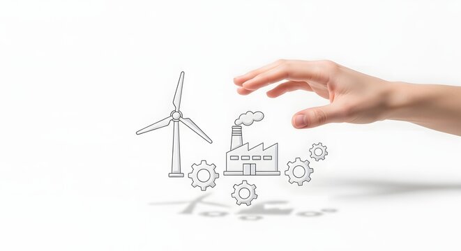 Hand reaching towards icons of wind turbines and factory with gears representing green industry and renewable energy concepts on white