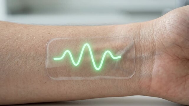 Personalized medicine ai wearable patch wrist glowing health monitor for calm biometric tracking and digital patient care concept