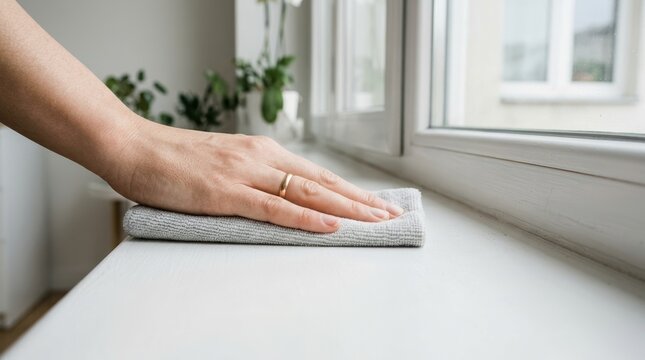 Close up of a caucasian woman hand cleaning a white windowsill with a microfiber cloth