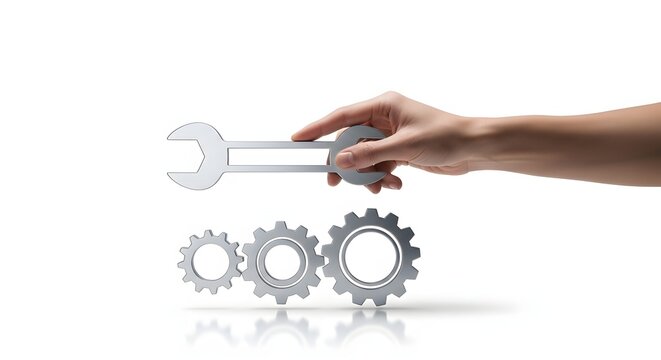 Hand Holding a Wrench Over Metal Gears Symbolizing Mechanical Repair and Engineering Maintenance Support