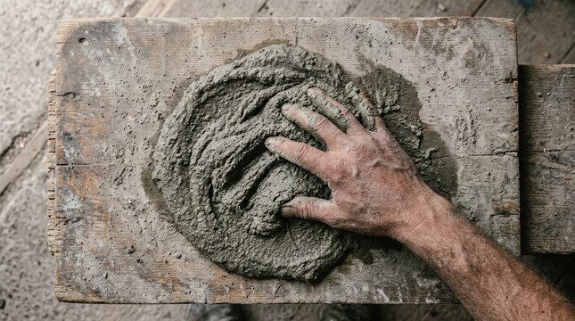 Hand mixing concrete mortar on wooden board construction renovation worker craftsmanship building craft