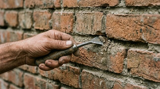 A male mason using a small tool to scrape old mortar between red bricks on a rustic wall