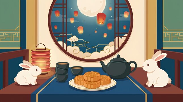 Mid-Autumn Festival scene with rabbits mooncakes and tea by a circular window.