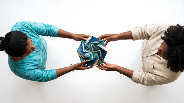 Diverse hands collaboratively hold a complex geometric origami creation, symbolizing unity and shared creativity White Background
