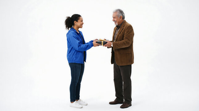 Diverse young woman gives gift to smiling older man celebrating holiday season togetherness and joy White Background