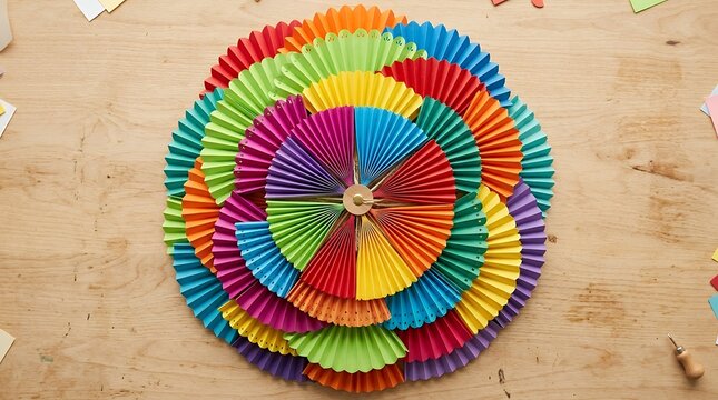 Colorful Cardstock Craft Paper Fan Array Overhead View paper cardstock craft paper colorful sheets textured fan shape corner pattern red yellow green pink top view full frame flat lay overhead copy