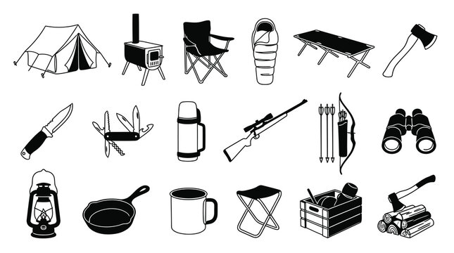 Camping and Hiking Equipment Icons - Black and White Line Art Vector
