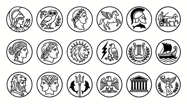 Ancient Greek Coin Icons: Line Art of Mythology, Gods, Symbols