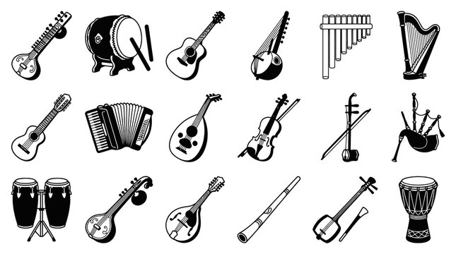 Black and White Line Art Icons of Musical Instruments for a Music Theme
