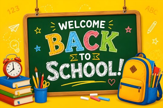 Welcome Back to School with Colorful Chalkboard and School Supplies. 