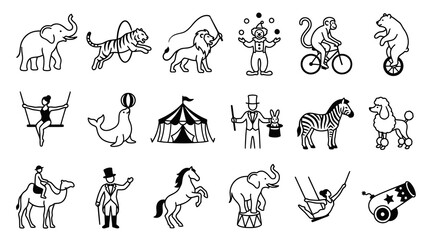 Naklejka premium Circus Icons Set: Black and White Line Art Vector Graphics