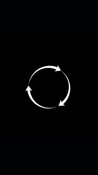 Abstract circular loading animation with spinning white arrows on black background continuous digital motion graphic for user interface design loopable seamless video clip.