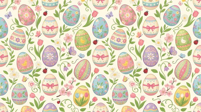 Decorative Spring Holiday Seamless Background Pattern Featuring Decorated Easter Eggs easter egg background paper pattern design spring holiday decorated eggs pastel celebration pattern seamless