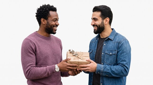 Diverse men exchanging a gift box with a FOR YOU tag, celebrating togetherness and festive joy White Background