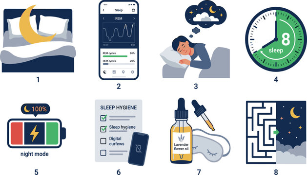 Vector illustrations of sleep health icons set featuring tracking app sleep hygiene rem cycles lavender oil and bedtime routine