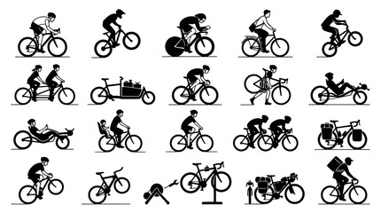 Fototapeta premium Bicycle and Cyclist Silhouette Icons Set - Various Bike Types, Riders Activities in Black White Glyphs