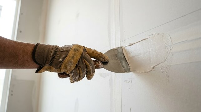 Professional male worker applying joint compound with putty knife on drywall plaster wall during home renovation