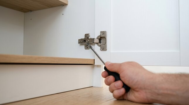 Adjusting a cabinet door hinge with a screwdriver in a modern kitchen setup for furniture assembly
