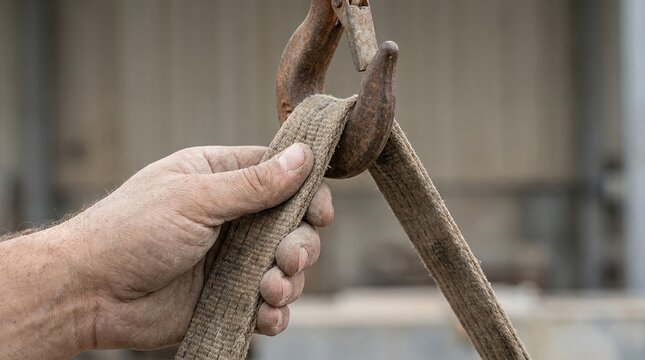 Industrial crane hook holding a heavy lifting strap or sling being handled by an adult worker