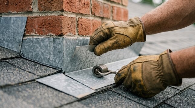 Professional roofer installing metal flashing around a brick chimney on a shingle roof