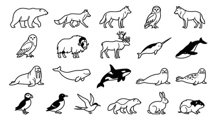 Naklejka premium Arctic and Polar Animals Line Art Icon Set. Black and White Wildlife Outline Vector Illustrations Collection.
