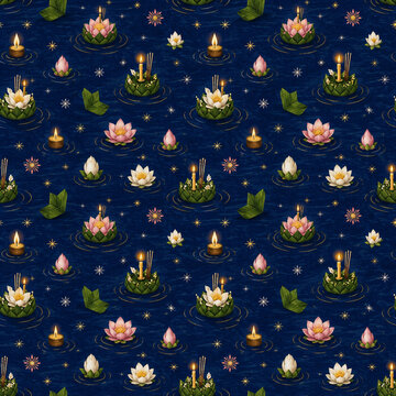 Traditional Loy Krathong Festival Seamless Pattern
