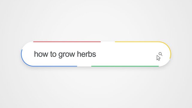 Close-up view of typing "how to grow herbs" into an online search bar with a cursor clicking the search icon, illustrating internet search and home gardening research