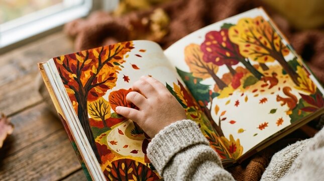 Toddler reading an illustrated autumn storybook with colorful fall foliage and forest animals