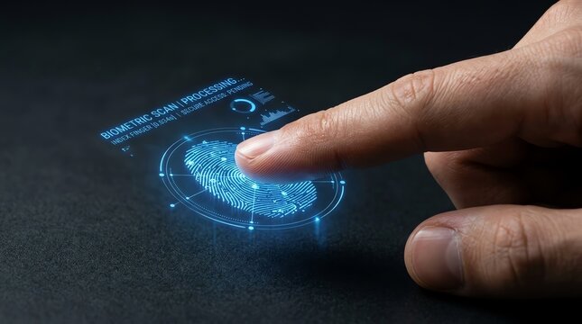 Finger scanning on a futuristic glowing digital display, illustrating advanced biometric security for personal identification and secure access control technology