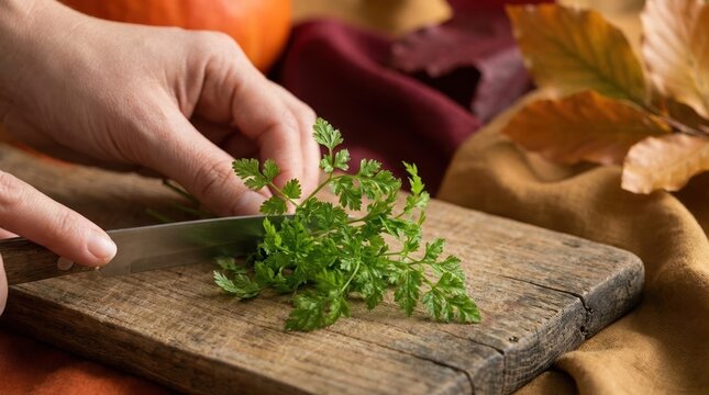 Woman chopping fresh green chervil herb on wooden cutting board in autumn kitchen