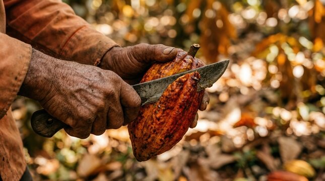 Farmer splitting ripe cocoa pod with a machete in a plantation representing chocolate production and harvesting