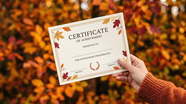 Woman holding an autumn certificate of achievement with fall leaves background for education and awards