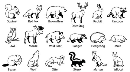 Obraz premium Wildlife Animal Icons Black and White Line Art Set. Mammals and Bird Outlines for Nature Education.