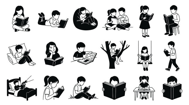 Black and White Line Art Icons of Children Reading Books - Education, Childhood, and Literacy Vector Set
