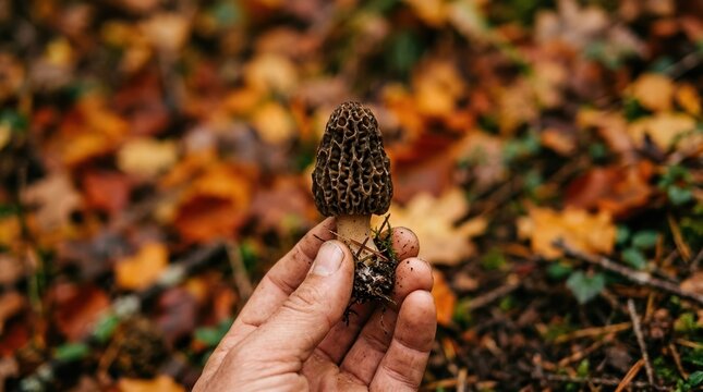 A person holding a freshly foraged wild morel mushroom in an autumn forest, representing mushroom hunting and gourmet foraging concepts