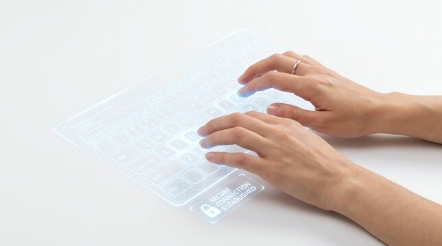Typing on a holographic keyboard, showcasing futuristic technology and digital interaction with projected interface
