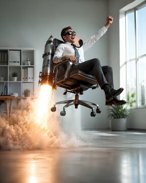 Businessman riding office chair propelled by rocket booster high speed success startup concept